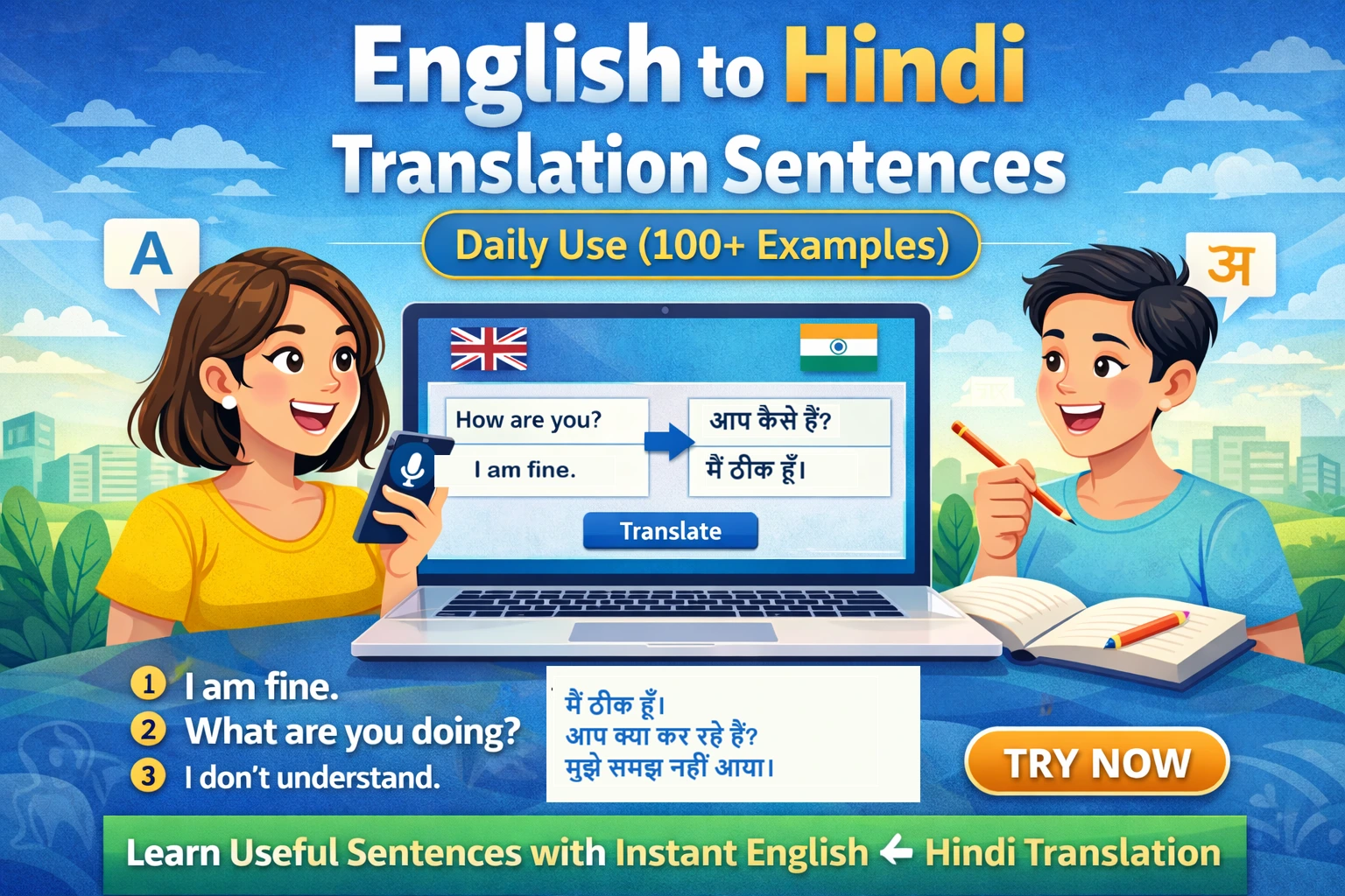 English to Hindi translation sentences daily use examples with online translator tool interface