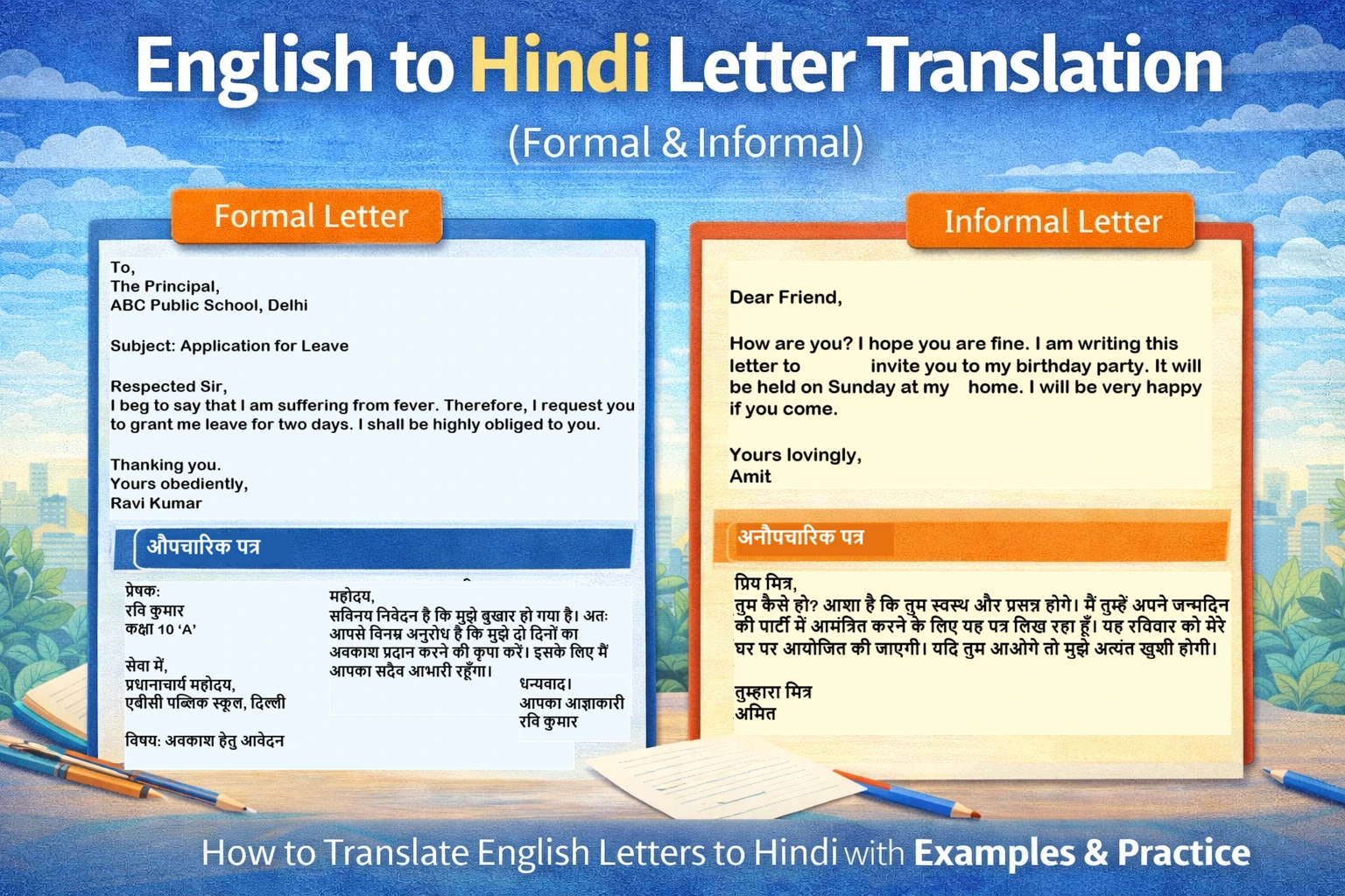 English to Hindi Letter Translation formal and informal examples with format