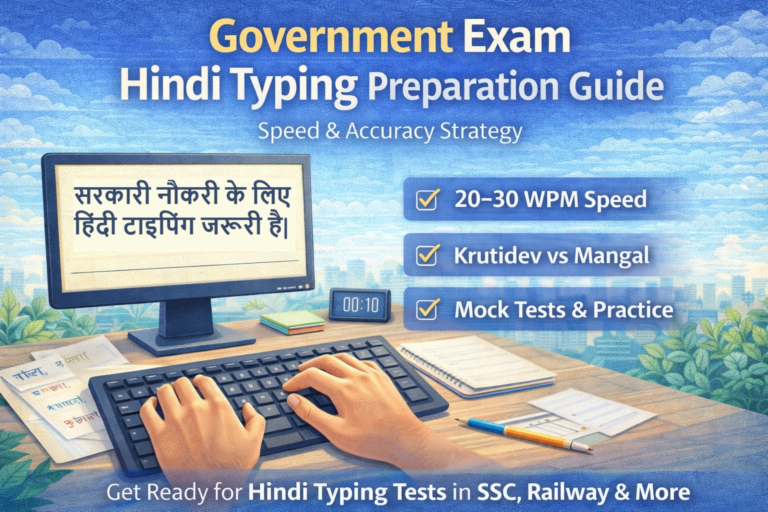Government Exam Hindi Typing Preparation Guide with keyboard and Hindi text practice