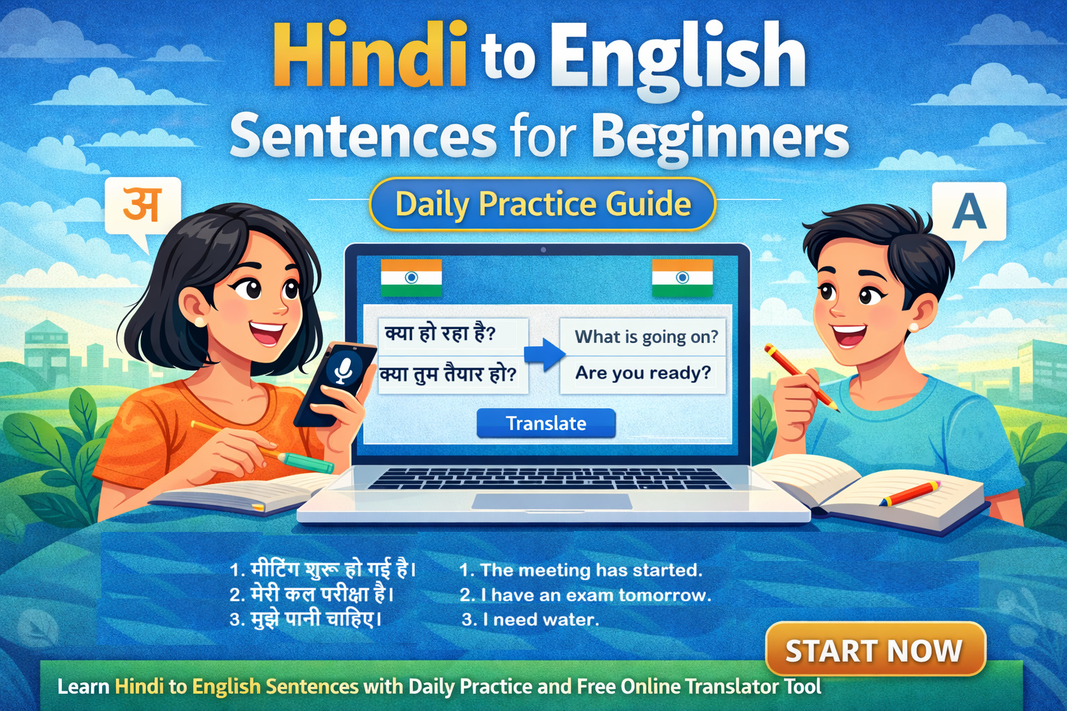 Hindi to English sentences for beginners daily practice with online translator tool